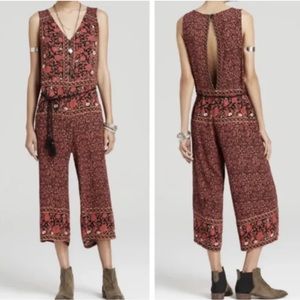 $148 Free People Black Pink Floral Pocket Open Back Jumpsuit L